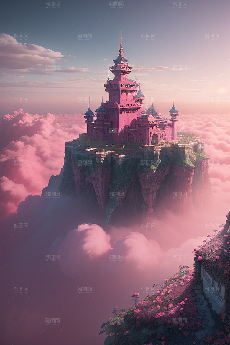 梦幻云海中的三座宫殿浩瀚壮丽的绘画