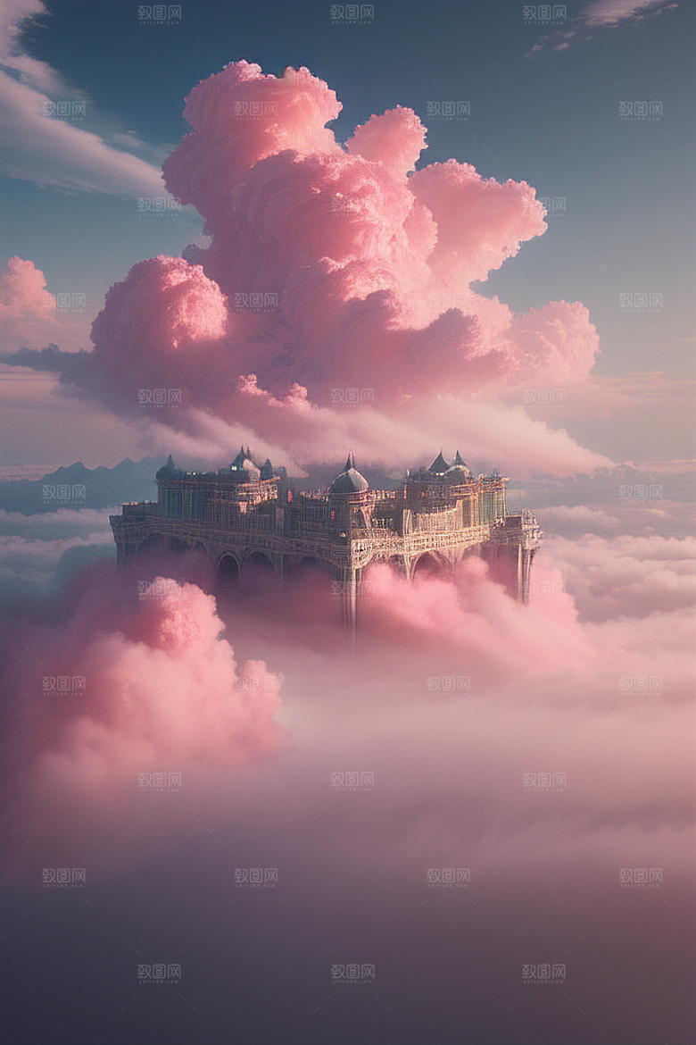梦幻云海中的三座宫殿浩瀚壮丽的绘画