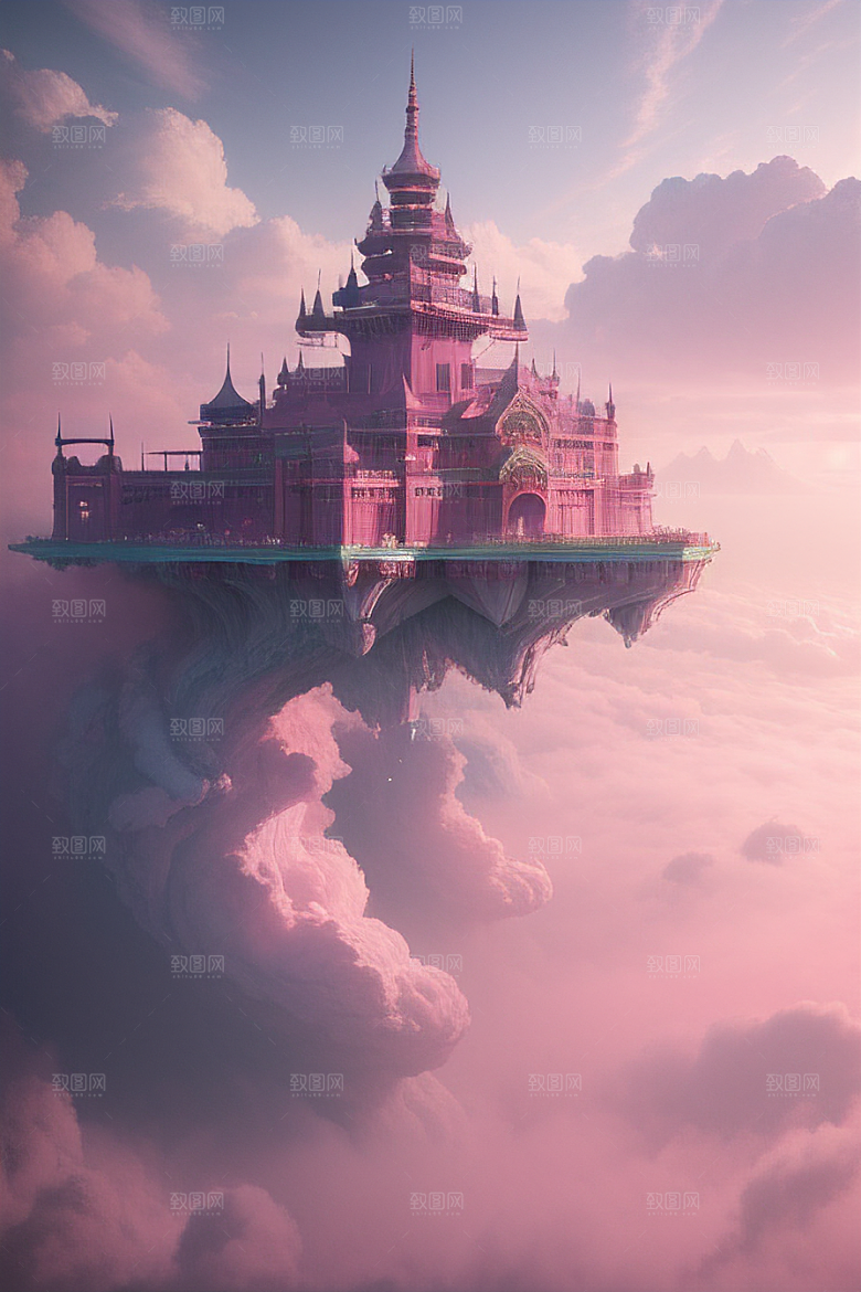 高清绘画梦幻云海中的三座宫殿