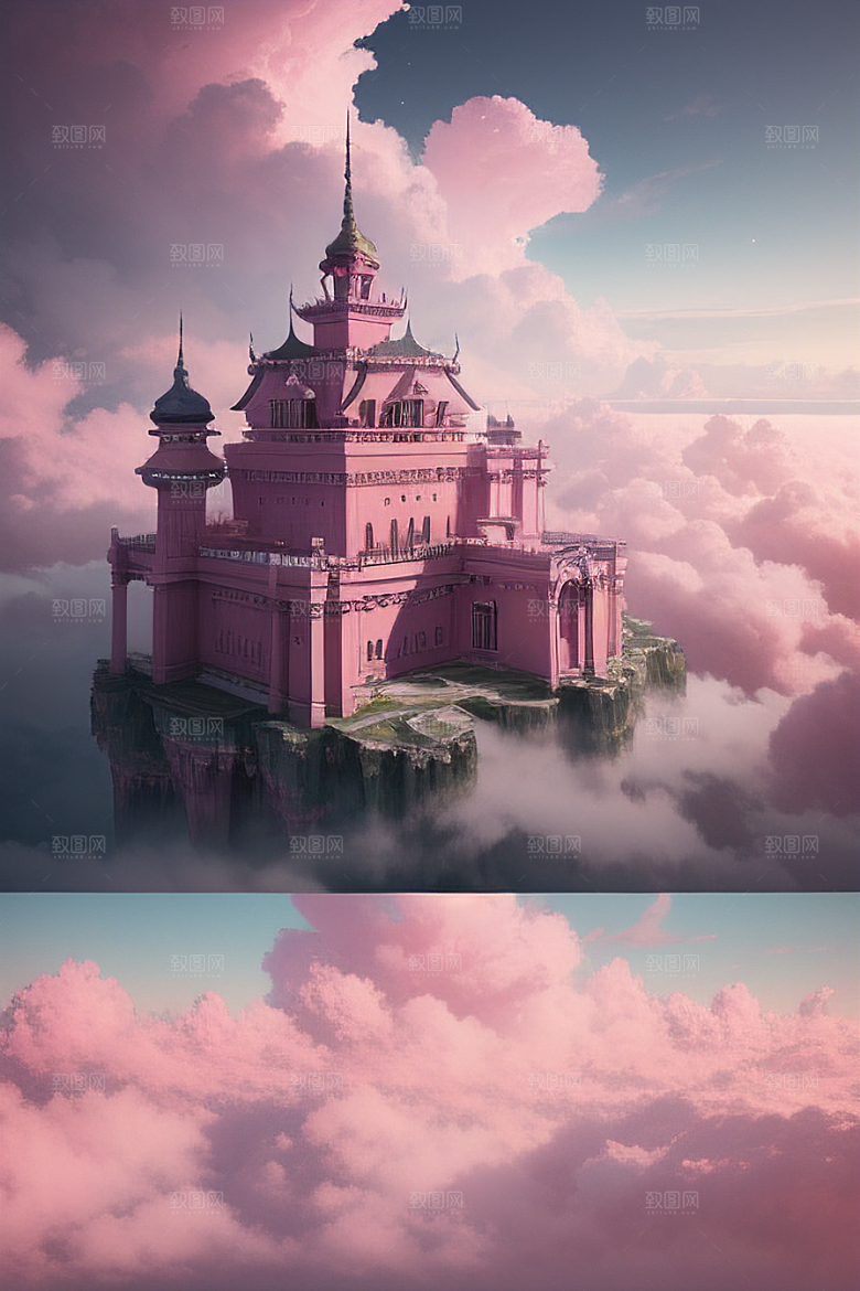 高清绘画梦幻云海中的三座宫殿