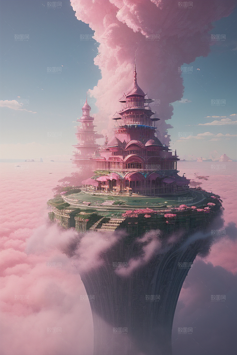 高清绘画梦幻云海中的三座宫殿
