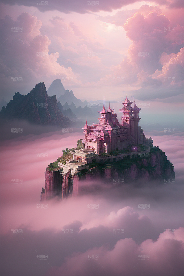 高清绘画梦幻云海中的三座宫殿
