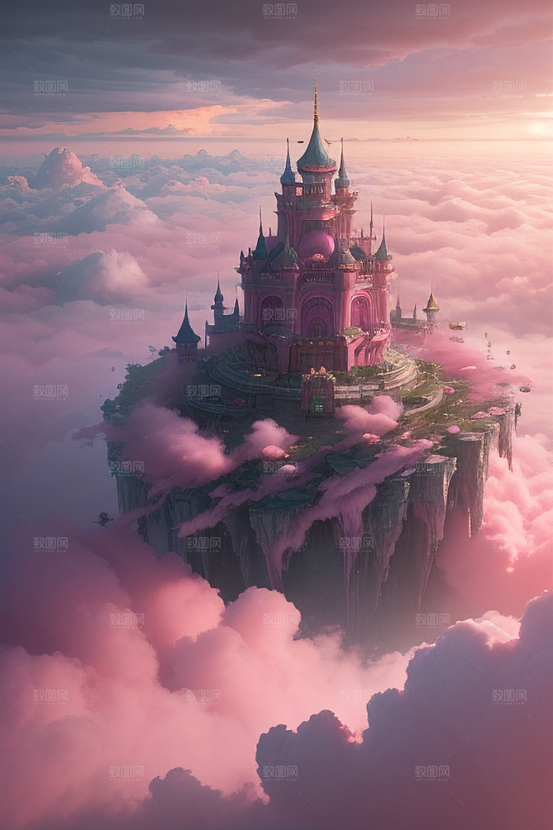 高清绘画梦幻云海中的三座宫殿