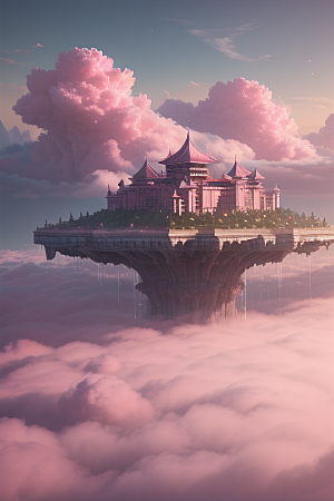 高清绘画梦幻云海中的三座宫殿