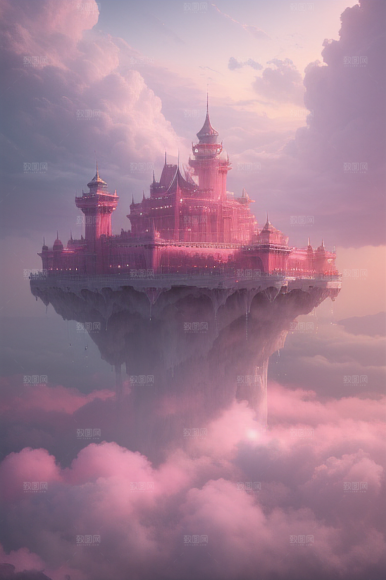 高清绘画梦幻云海中的三座宫殿