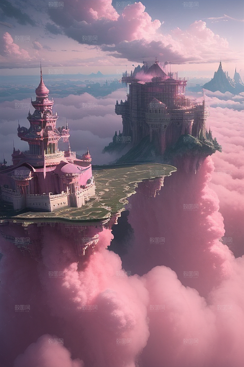 高清绘画梦幻云海中的三座宫殿