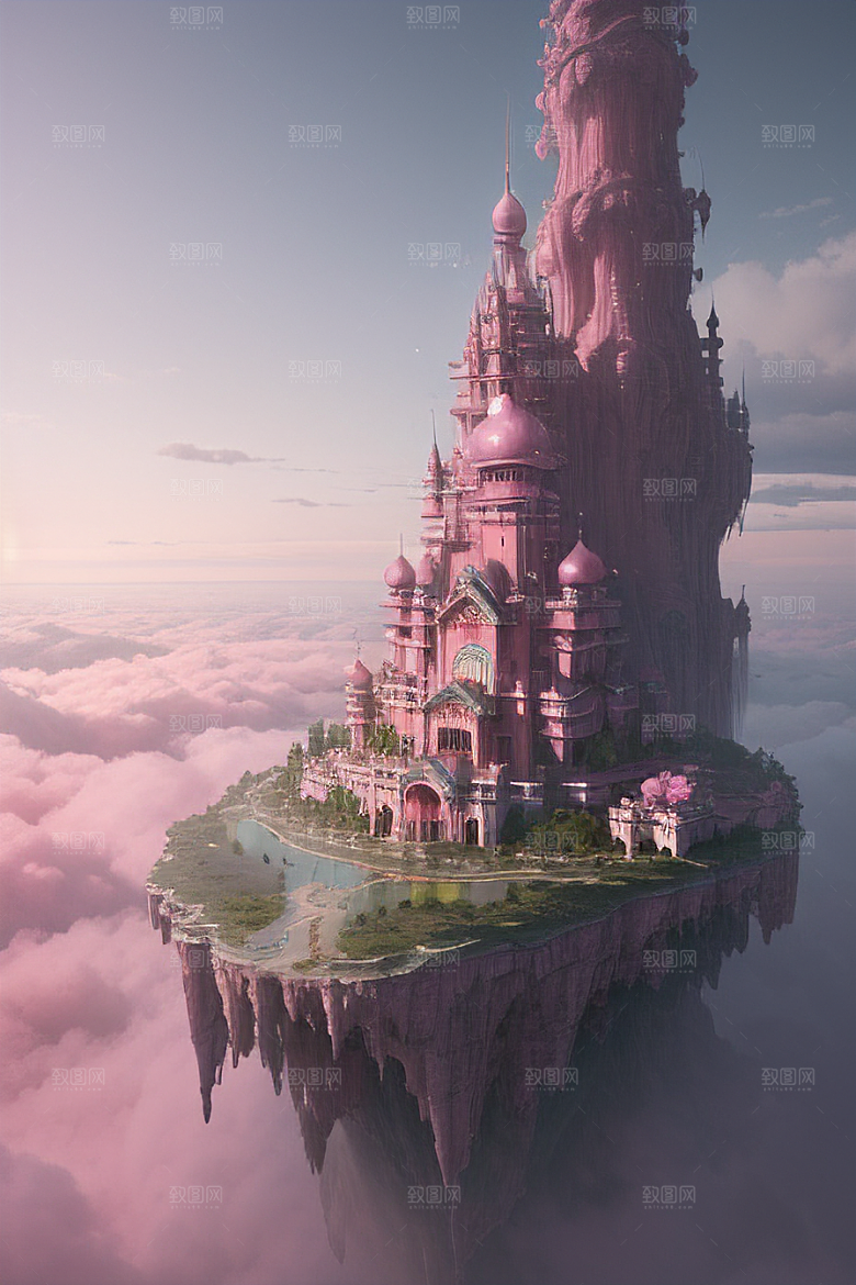 高清绘画梦幻云海中的三座宫殿