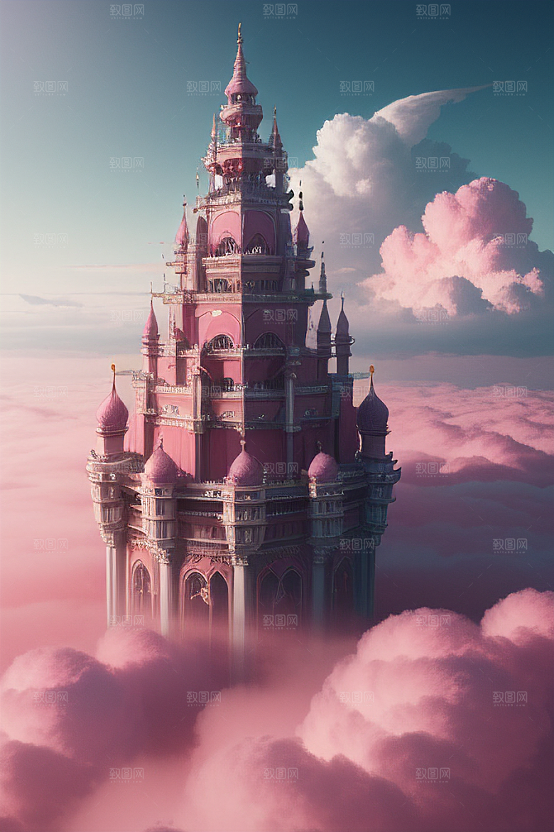 高清绘画梦幻云海中的三座宫殿