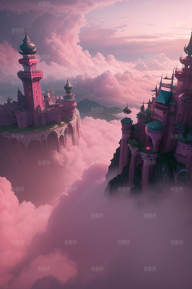 高清绘画梦幻云海中的三座宫殿