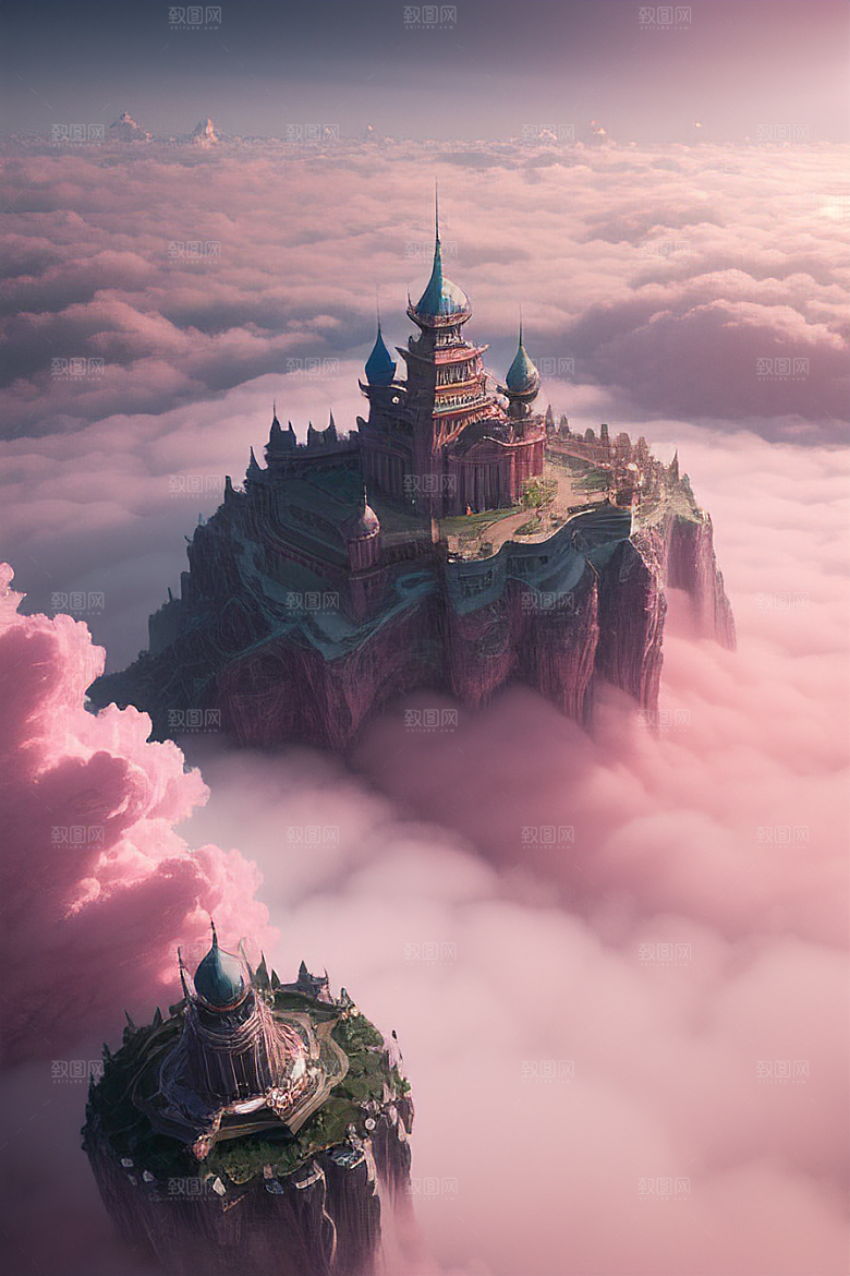 高清绘画梦幻云海中的三座宫殿
