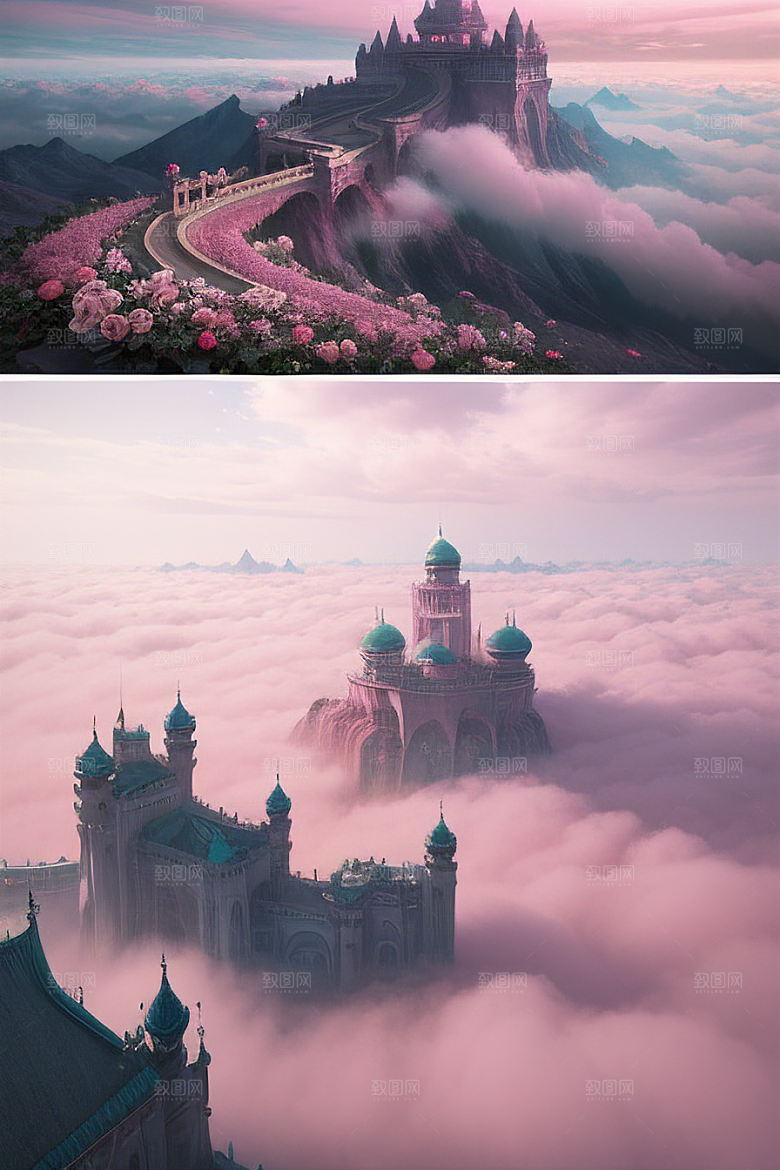 浩瀚壮丽的绘画云端中的三座绝美宫殿