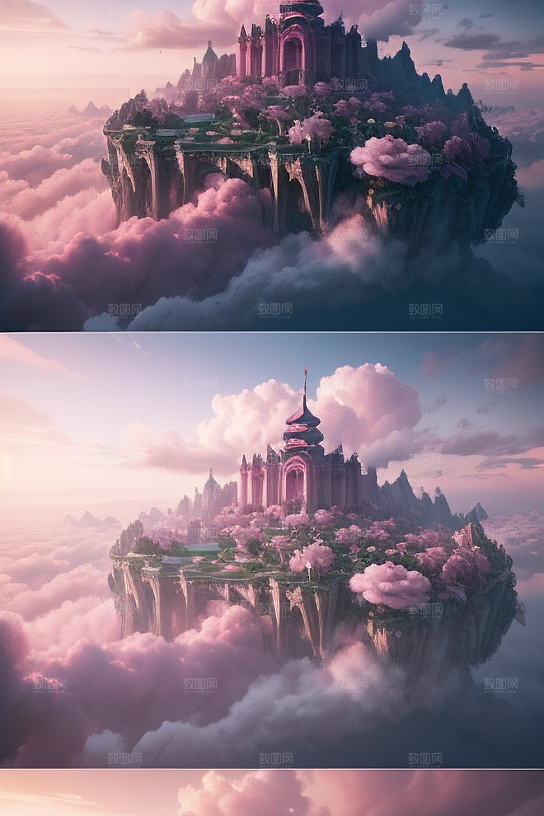 浩瀚壮丽的绘画云端中的三座绝美宫殿