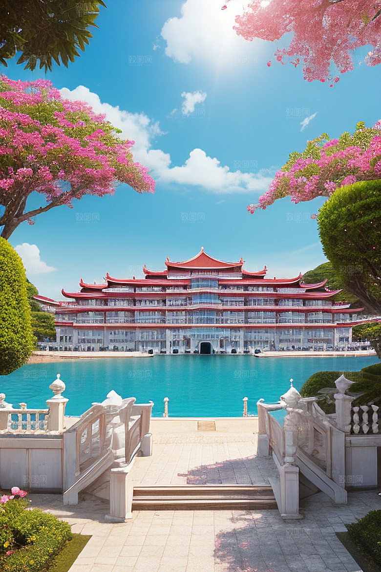 阳光下的美丽海滨宫殿