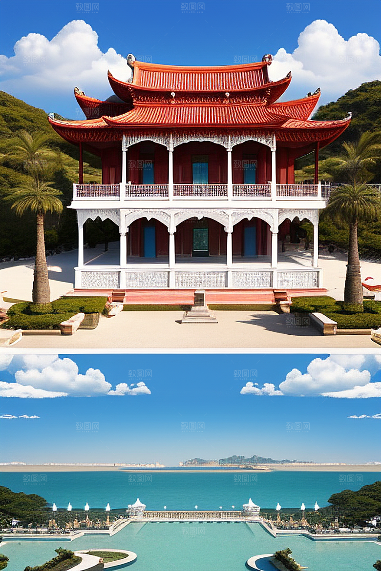 明媚的海滨宫殿风光