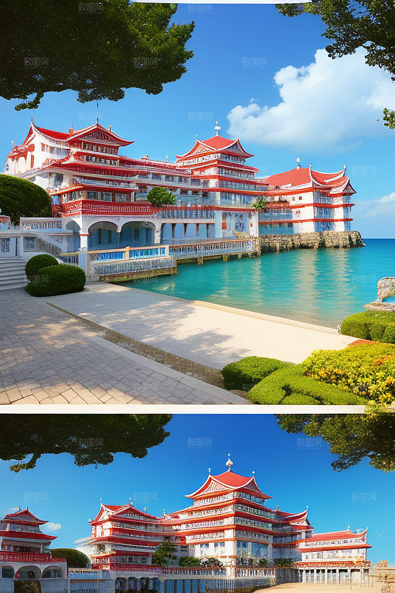 明媚的海滨宫殿风光