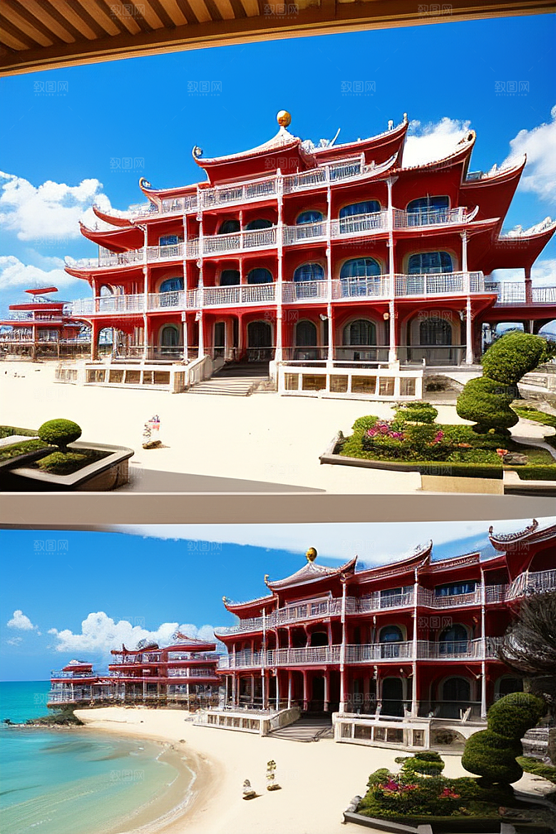 明媚的海滨宫殿风光