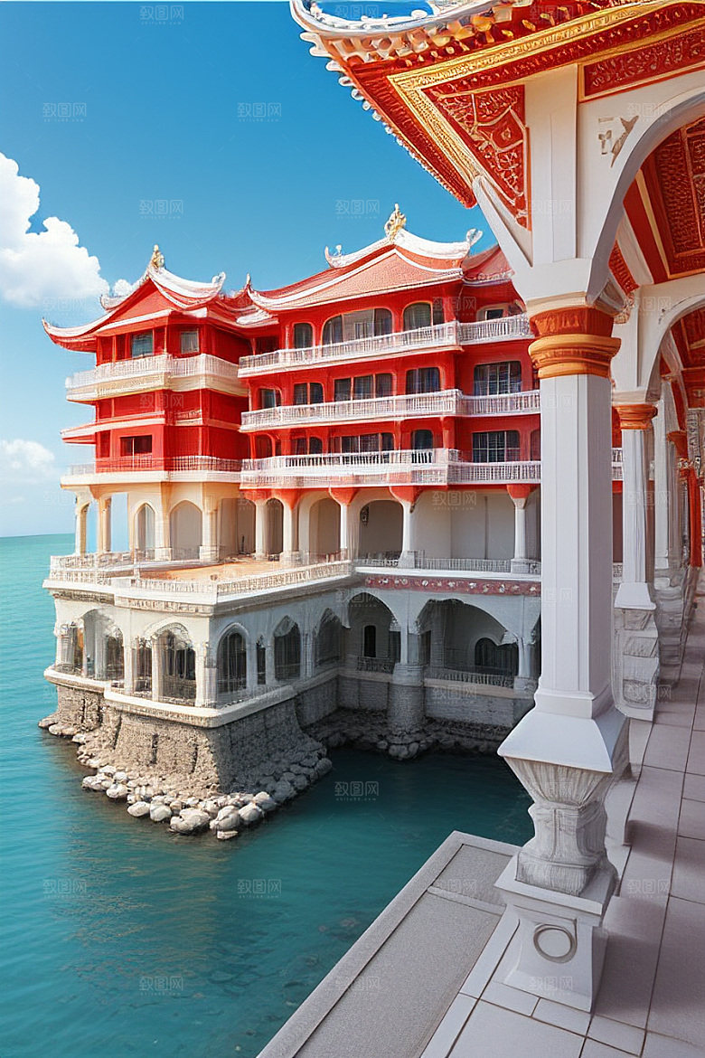 明媚的海滨宫殿风光