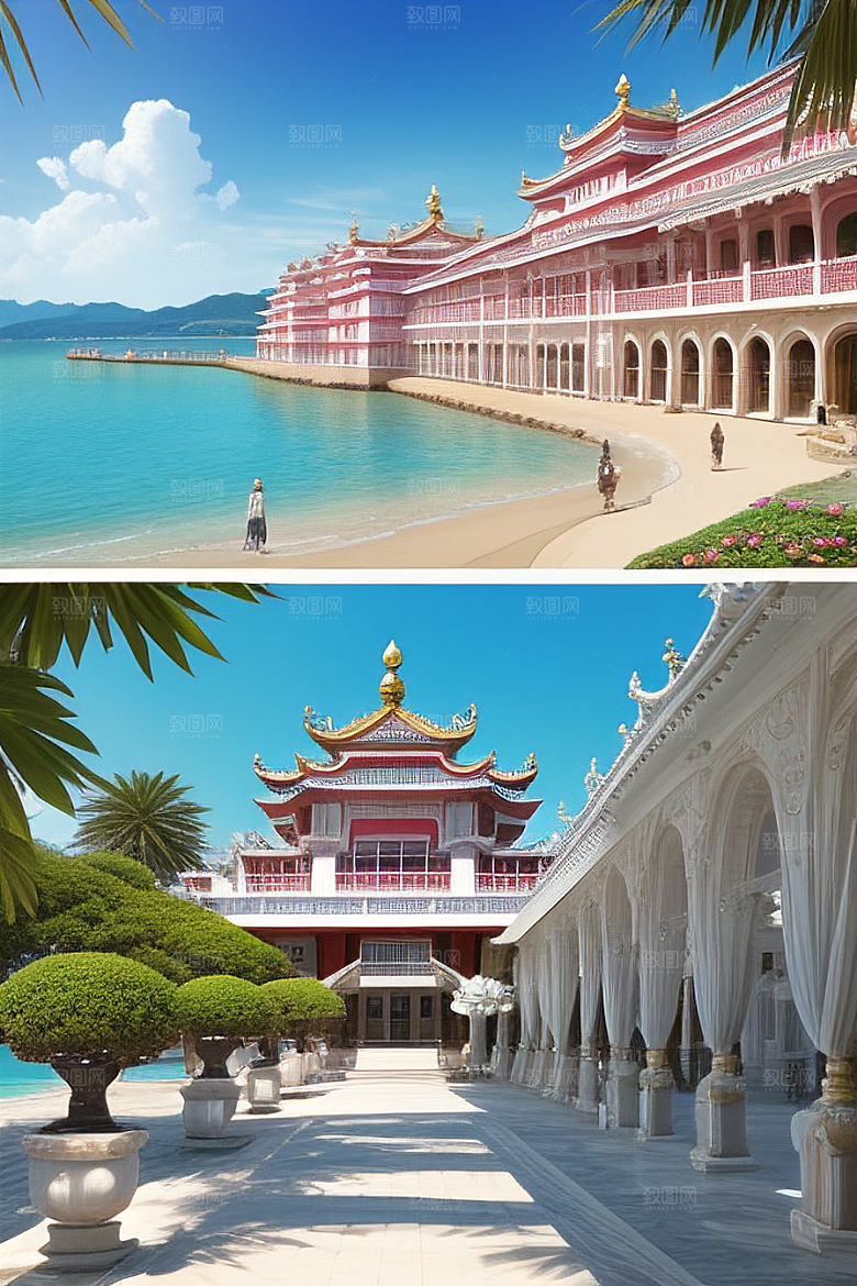 明媚的海滨宫殿风光