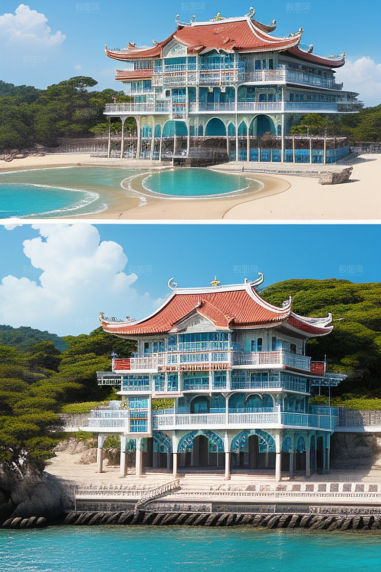 明媚的海滨宫殿风光