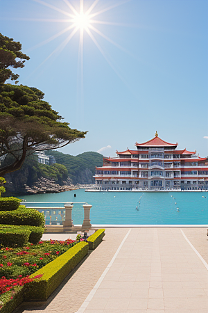 明媚的海滨宫殿风光