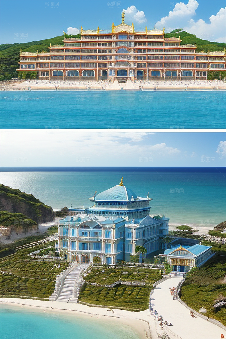 明媚的海滨宫殿风光