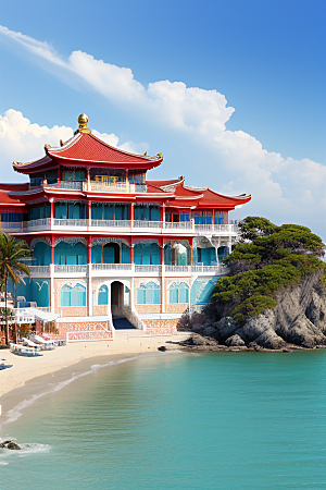 阳光照耀的美丽海滨宫殿