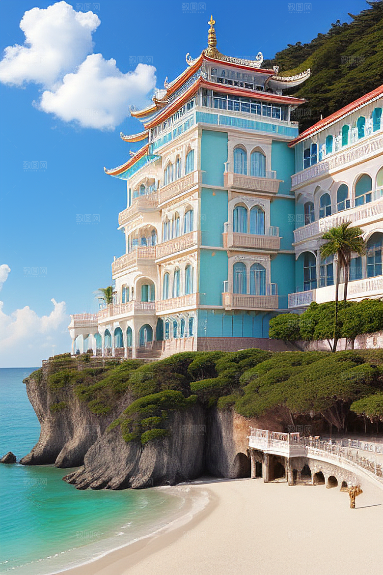 阳光照耀的美丽海滨宫殿