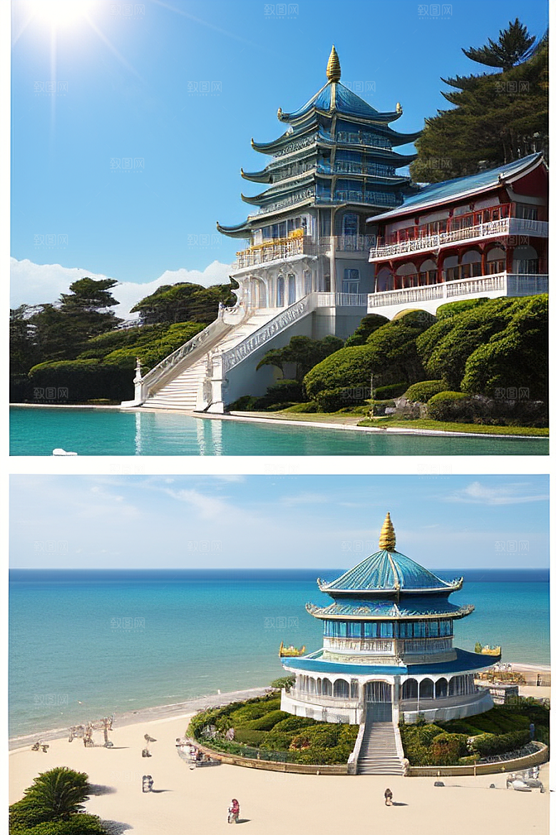 阳光照耀的美丽海滨宫殿