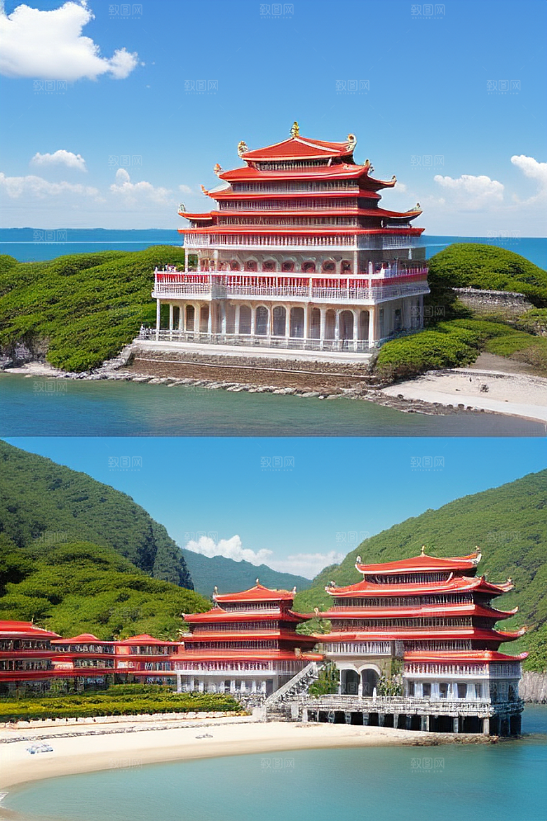 阳光照耀的美丽海滨宫殿