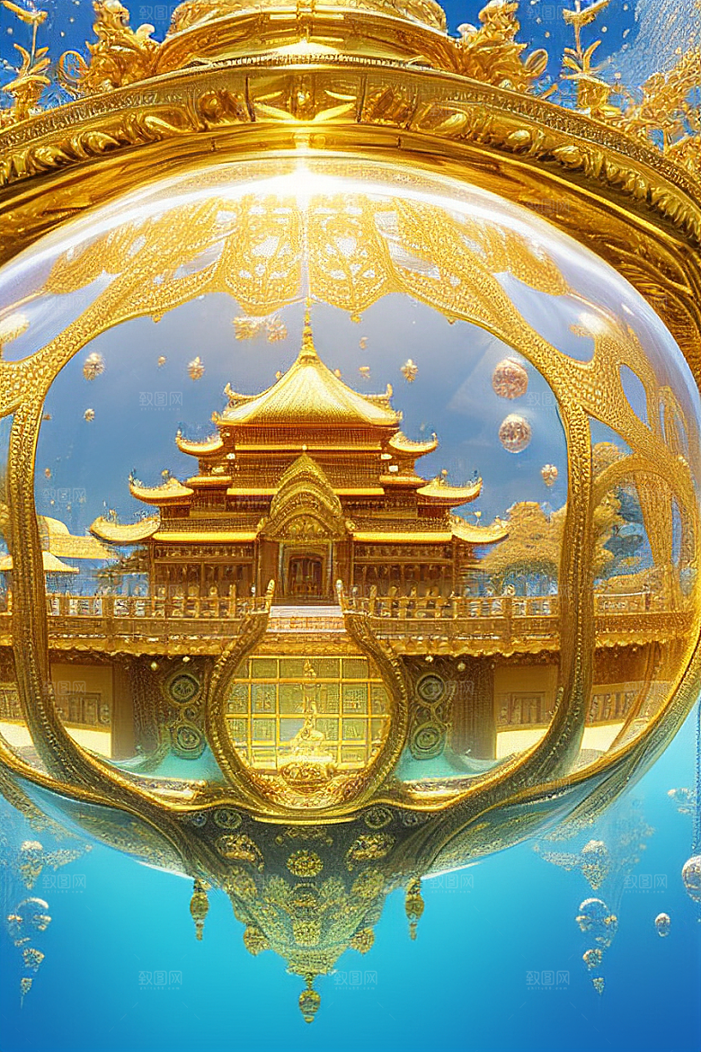 巨型气泡下的美丽豪华金色宫殿