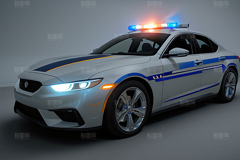 蓝色警车在逆光视角下的精彩