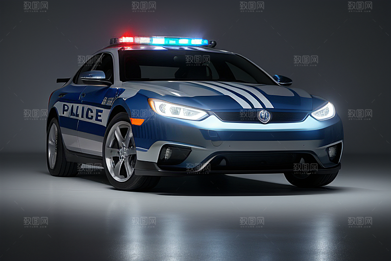 蓝色警车在逆光视角下的精彩