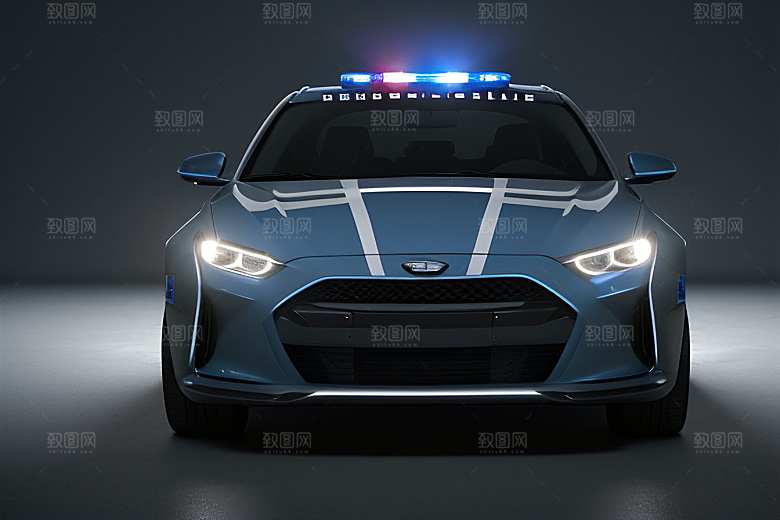 蓝色警车在逆光视角下的精彩