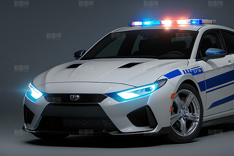 蓝色警车在逆光视角下的精彩