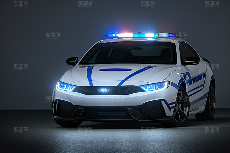 蓝色警车在逆光视角下的精彩