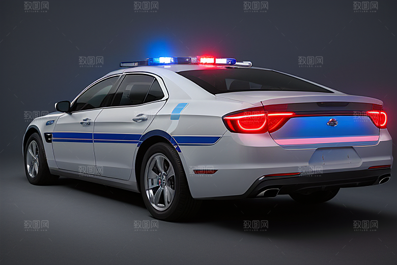 蓝色警车在逆光视角下的精彩