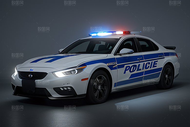 蓝色警车在逆光视角下的精彩