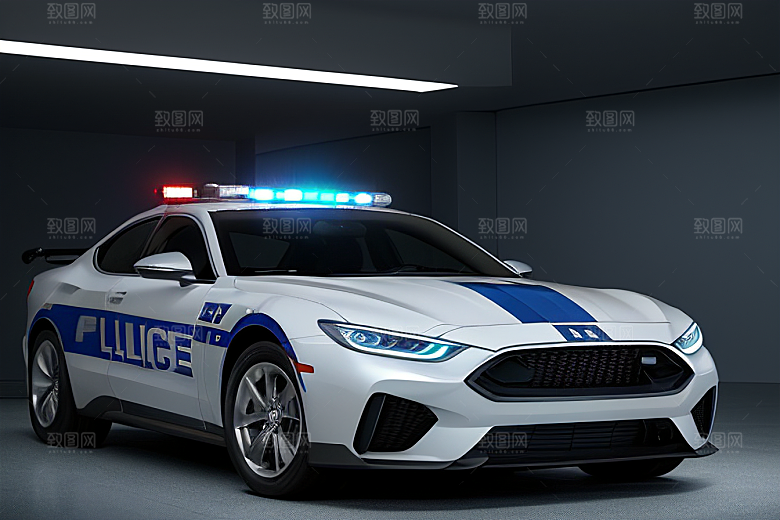 逆光视角里的蓝色警车