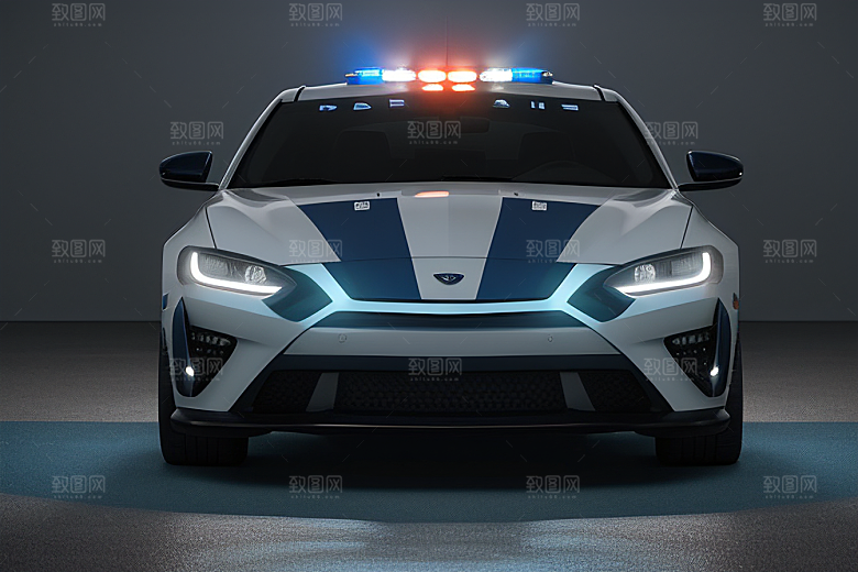 逆光视角里的蓝色警车