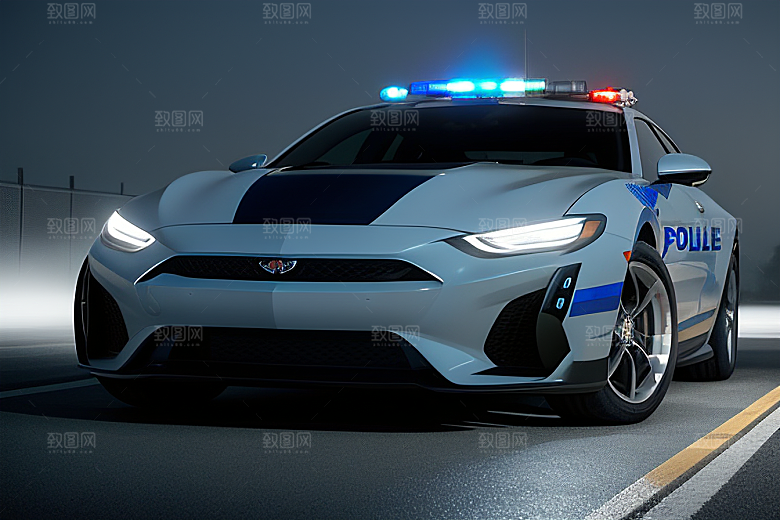 逆光视角里的蓝色警车