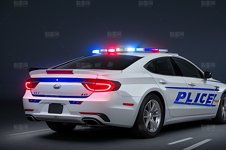 逆光视角里的蓝色警车