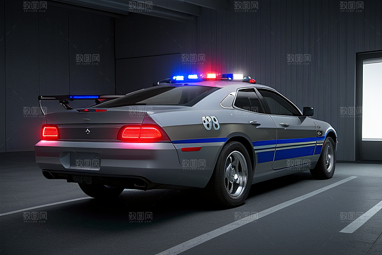 逆光视角里的蓝色警车