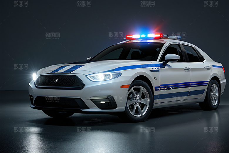 逆光视角里的蓝色警车