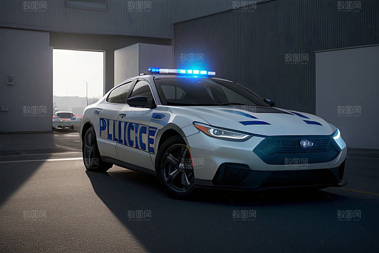 逆光视角里的蓝色警车