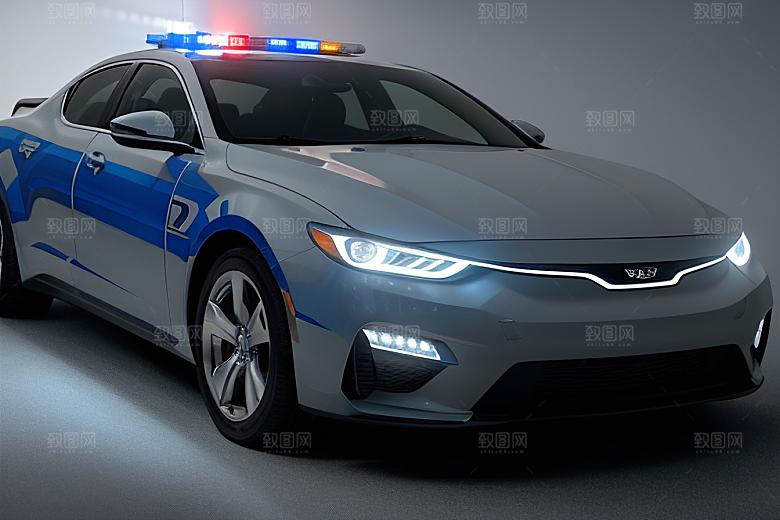 逆光视角里的蓝色警车