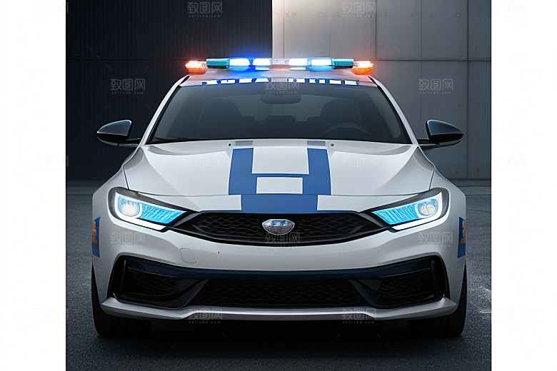 逆光视角里的蓝色警车