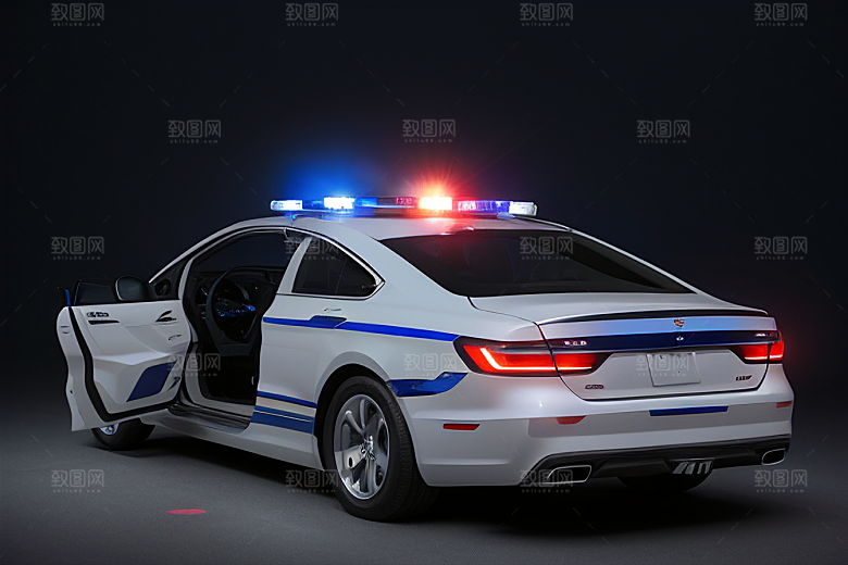 逆光视角里的蓝色警车