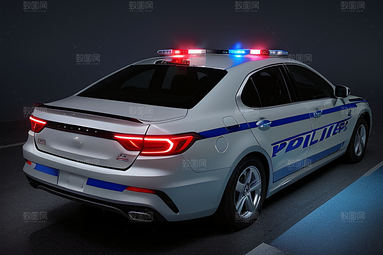 逆光视角里的蓝色警车