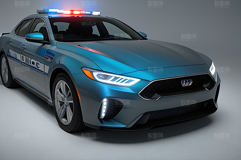 蓝色警车在逆光视角下的美丽