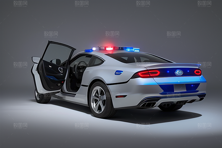 蓝色警车在逆光视角下的美丽